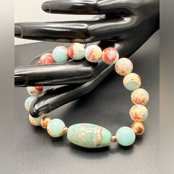 SNAKESKIN ( ICY SKY ) JASPER  NATURAL  BRACELET size 7” - Picture 7 of 9